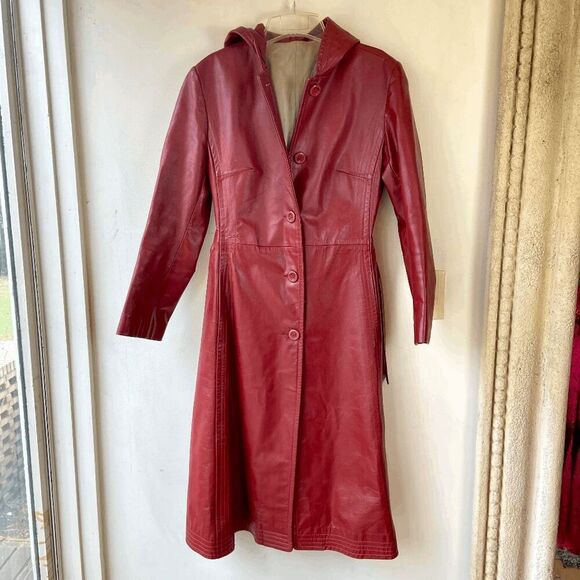 Vintage 70s Terra Cotta Leather Hooded Trench Coat, Belted, Size M, Kirk’s Suede